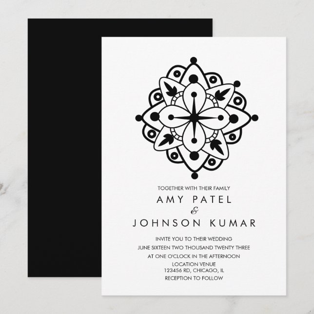 Invitation de mariage indien gras hindou noir et b (Devant / Derrière)