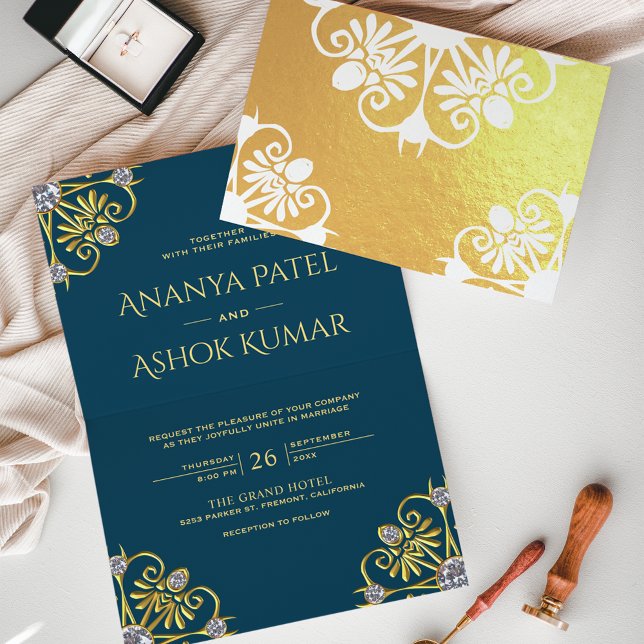 Invitation de mariage indien mandala bleu et or (Créateur téléchargé)