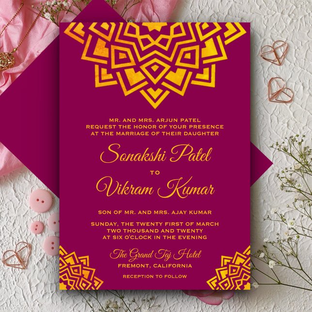 Invitation de mariage indien mandala en or rose mo (Créateur téléchargé)