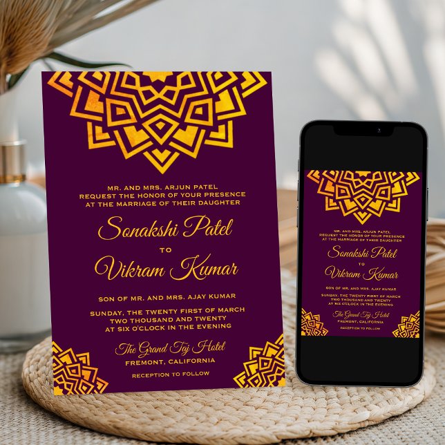 Invitation de mariage indien mandala or prune mode (Créateur téléchargé)