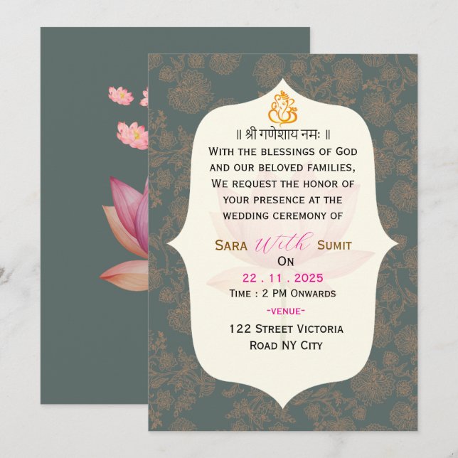 Invitation de mariage indien traditionnel élégant  (Devant / Derrière)