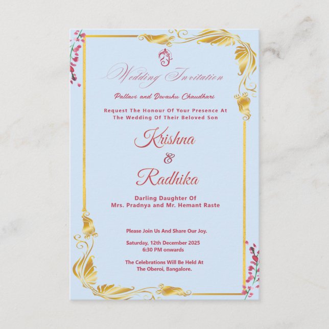 Invitation de mariage indienne bleu ciel (Devant)