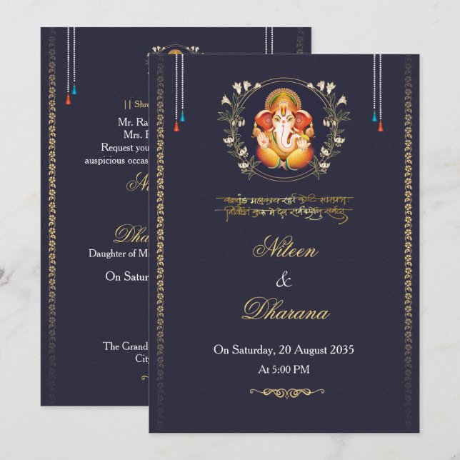 Invitation de mariage indienne bleu royal (Devant / Derrière)