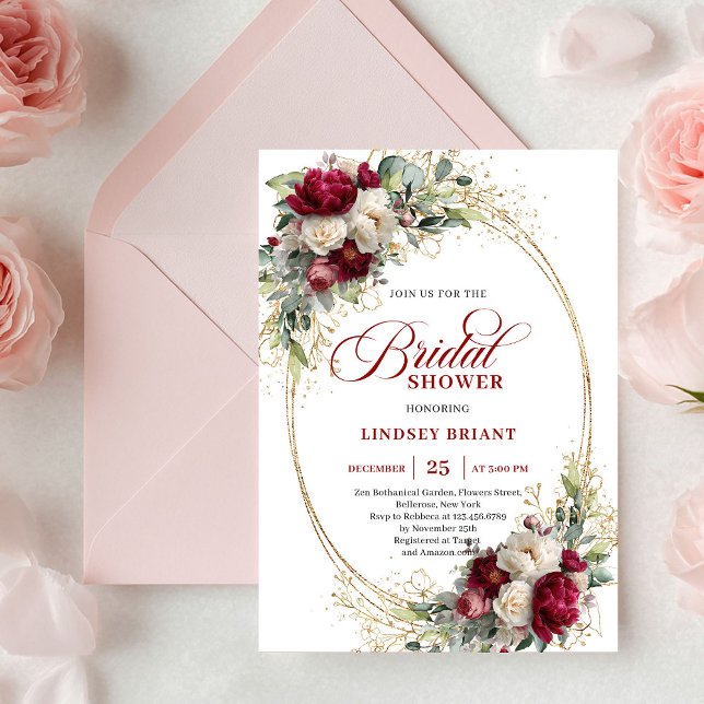 Invitation de mariage intemporelle Merlot Rose Gol (Timeless Merlot Rose Gold Bridal Shower Invitation)