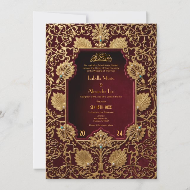 Invitation de mariage islamique élégante rouge et  (Devant)