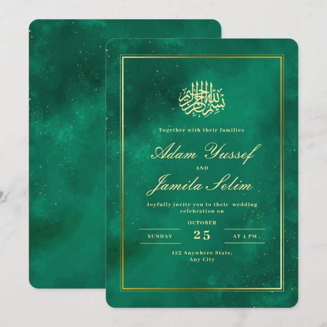 Invitation de mariage islamique, mariage vert émer (Devant / Derrière)
