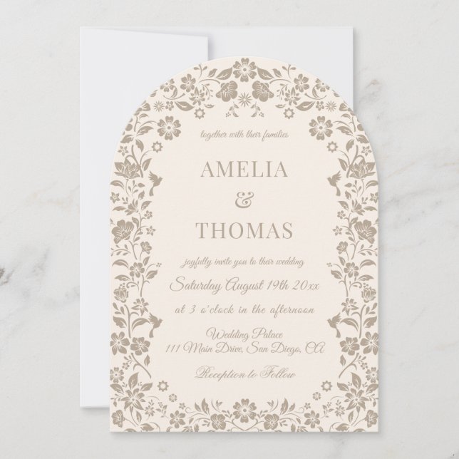 Invitation de mariage ivoire beige floral (Devant)