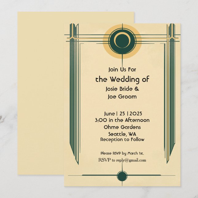 Invitation de mariage jaune vert art déco (Devant / Derrière)