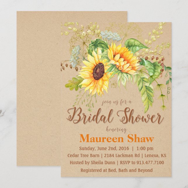 Invitation de mariage kraft tournesol (Devant / Derrière)
