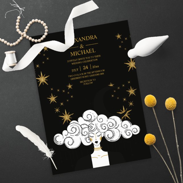 Invitation de mariage Lune Céleste Or Noir Mystiqu (Créateur téléchargé)