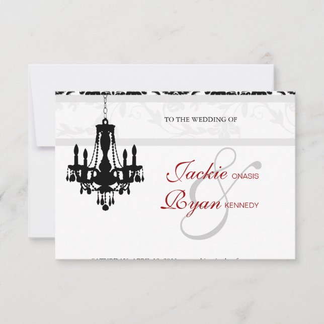 Invitation de mariage lustre noir blanc damas (Devant)