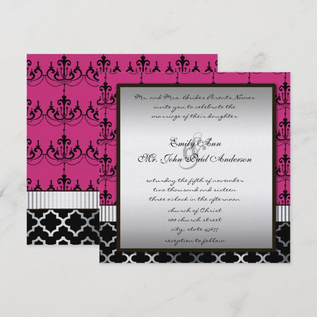 Invitation de mariage lustre rose argent et noir (Devant / Derrière)