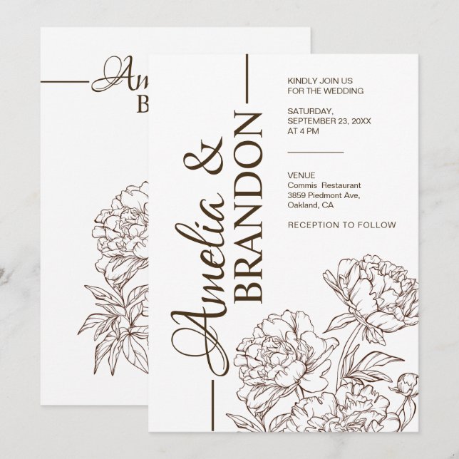 Invitation de mariage luxe pivoine minimaliste (Devant / Derrière)