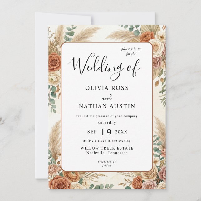 Invitation de mariage luxueuse Boho Terracotta Flo (Devant)