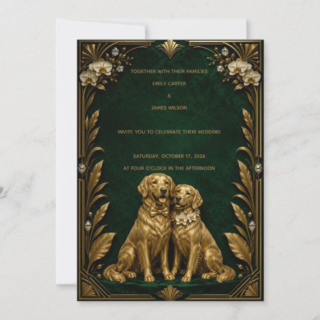 Invitation de mariage Luxueuse Émeraude Or Chien R (Devant)