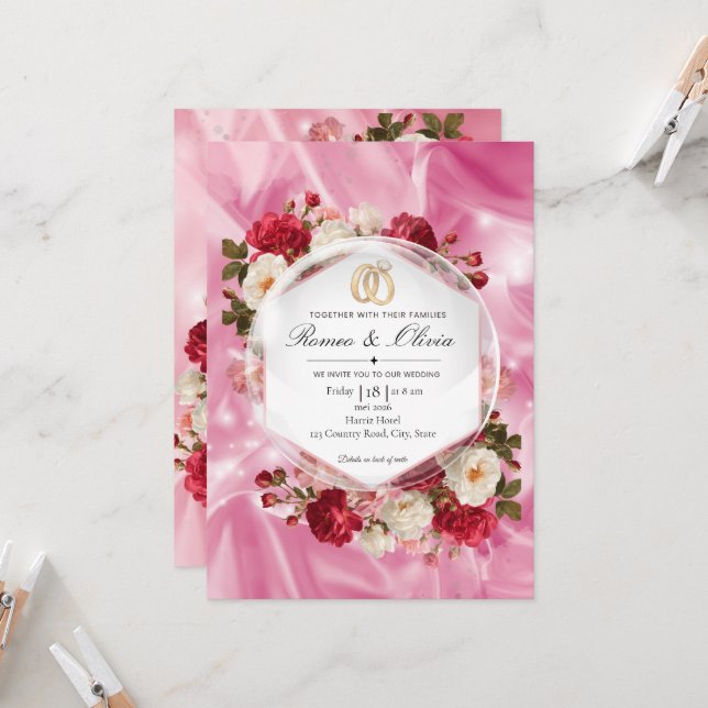 Invitation de mariage Luxueuse en Soie Rose avec R (Devant/Arrière en situation)