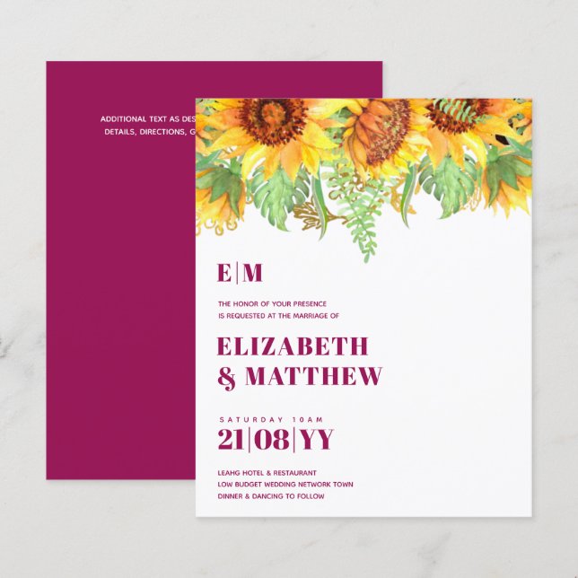 Invitation de mariage Magenta Sunflowers à budget  (Devant / Derrière)