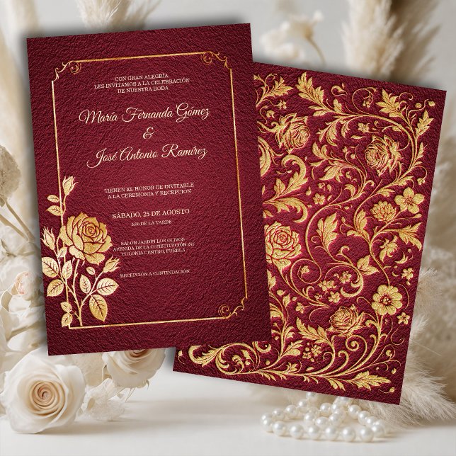 Invitation de mariage Marsala dorée Roses (Créateur téléchargé)