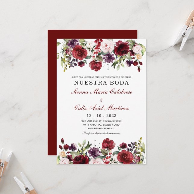 Invitation de mariage marsala en espagnol (Devant/Arrière en situation)