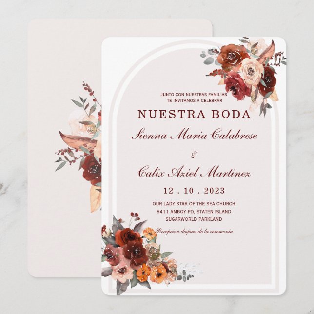 Invitation de mariage marsala en espagnol invitati (Devant / Derrière)