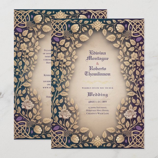 Invitation de mariage médiéval celtique à motif fl (Devant / Derrière)