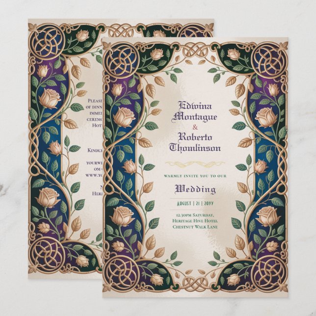 Invitation de mariage médiéval celtique bijou or (Devant / Derrière)