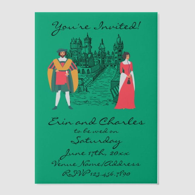 Invitation de mariage médiéval fantastique vert en (Recto)