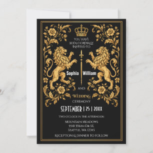 Invitation de mariage médiéval Lion Royal Or Noir