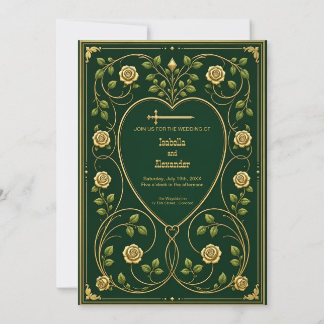 Invitation de mariage médiéval royal cœurs et épée (Devant)