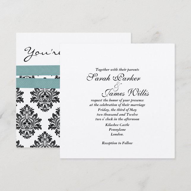 Invitation de mariage métallisée Damask Argent & t (Devant / Derrière)