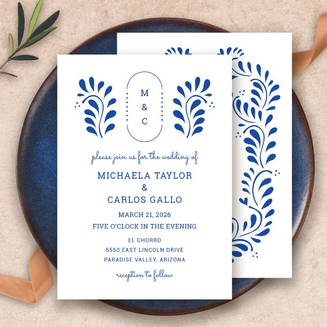 Invitation de mariage mexicaine bleue de style Pue (Puebla Style Blue Mexican Wedding Invitation by Fiesta Valley Print)