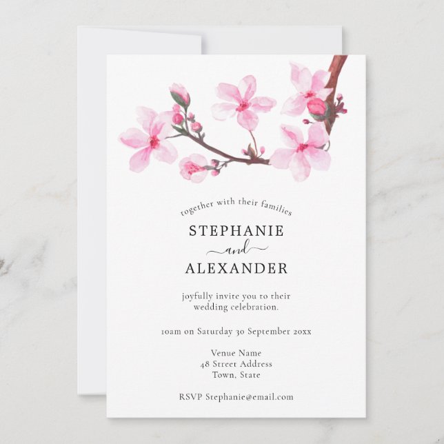 Invitation de mariage minimal en fleur de cerise (Devant)