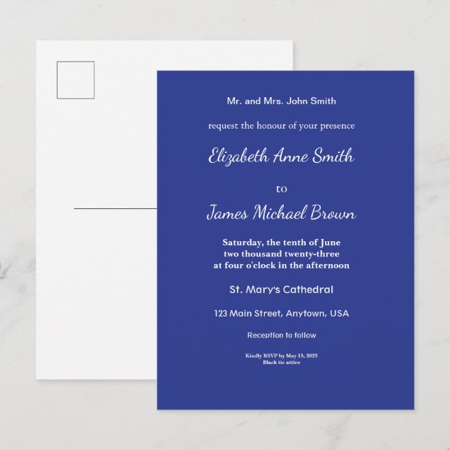 Invitation de mariage minimale en bleu profond (Devant / Derrière)