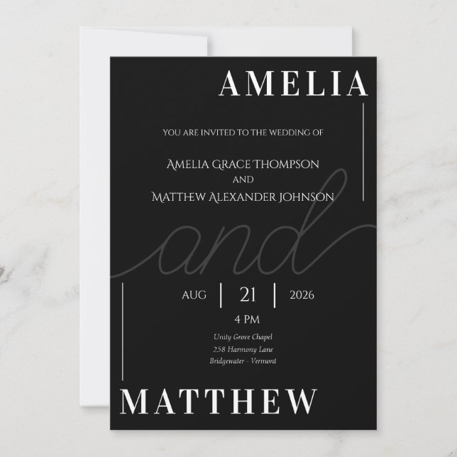 Invitation de Mariage minimaliste noir et blanc (Devant)