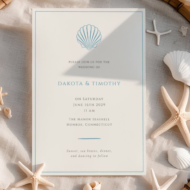 Invitation de mariage minimaliste simple coquillag (Minimalist Simple Blue Seashell Wedding invitation)