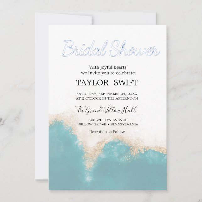 Invitation de mariage moderne aquarelle bleue (Devant)