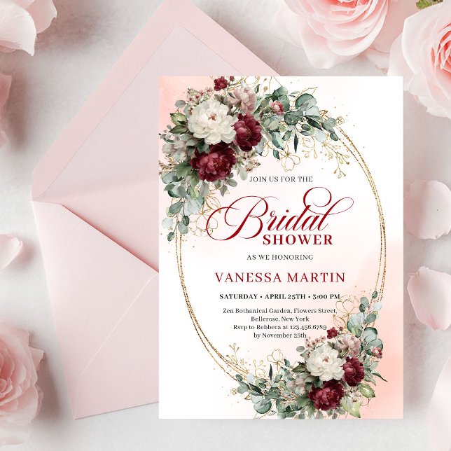 Invitation de mariage moderne aux fleurs rouges pr (Modern Deep Red Floral Gold Bridal Shower Invite

)