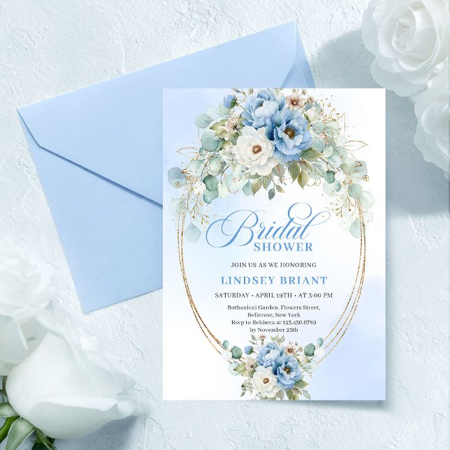 Invitation de mariage moderne avec cadre doré et p (Modern Blue Peony Gold Frame Bridal Shower Invite

)