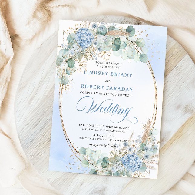 Invitation de mariage moderne calligraphiée avec f (Modern Calligraphy Blue Floral Gold Wedding Invitation)