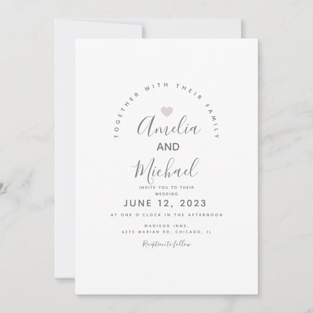 Invitation de mariage moderne cœur simple rose bla (Devant)