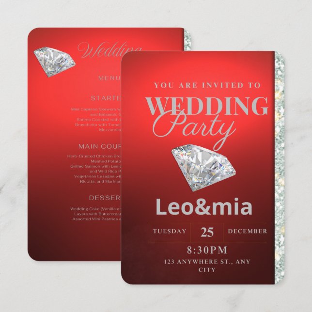 Invitation de mariage moderne diamant rouge (Devant / Derrière)