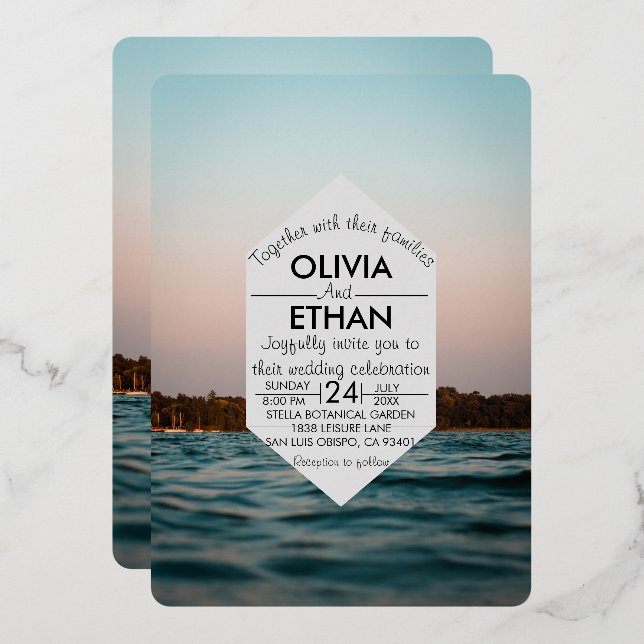 Invitation de mariage moderne en aluminium naval (Recto/Verso)