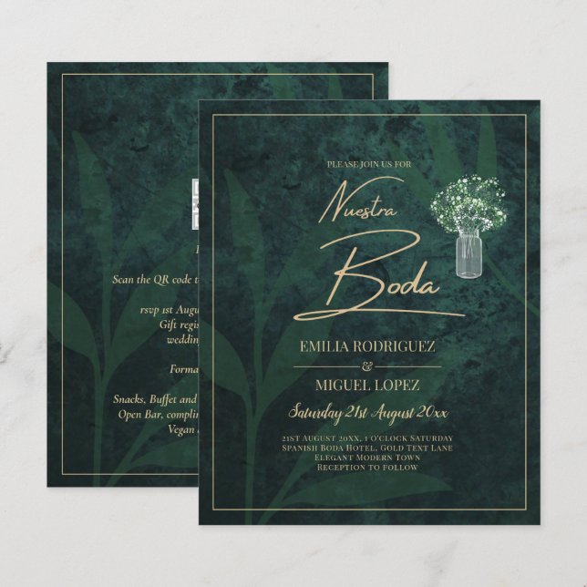 Invitation de mariage moderne en or vert émeraude  (Devant / Derrière)