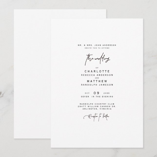 Invitation de mariage moderne et simple des parent (Devant / Derrière)