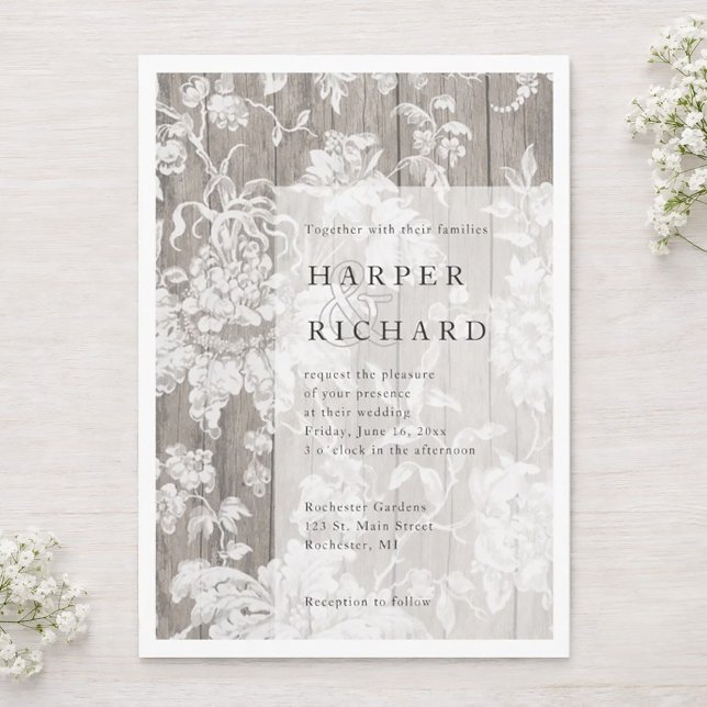 Invitation de mariage moderne florale en bois rust (Vintage floral on weathered rustic wood wedding invitation.)