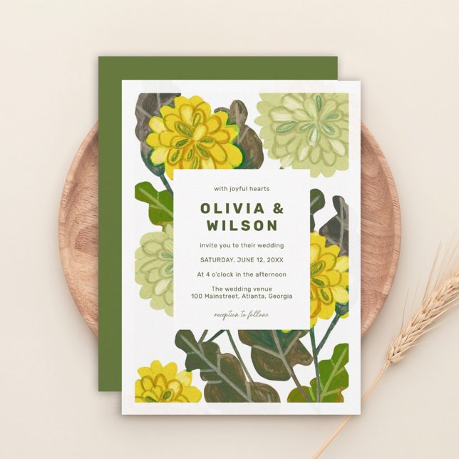 Invitation de mariage moderne florale jaune et ver (Créateur téléchargé)