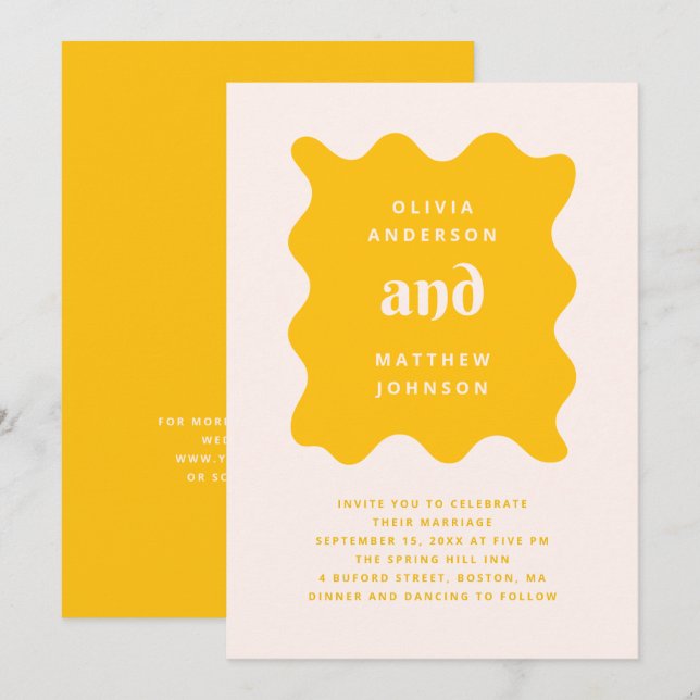Invitation de mariage moderne jaune doré ondulé |  (Devant / Derrière)