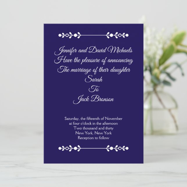 Invitation de mariage moderne Navy & Blanc (Debout devant)