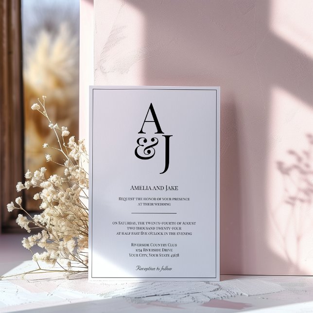 Invitation de mariage moderne Noir & Blanc Initial (Créateur téléchargé)