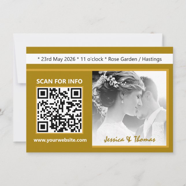 Invitation de mariage moderne, QR Code, Photo, Or (Devant)